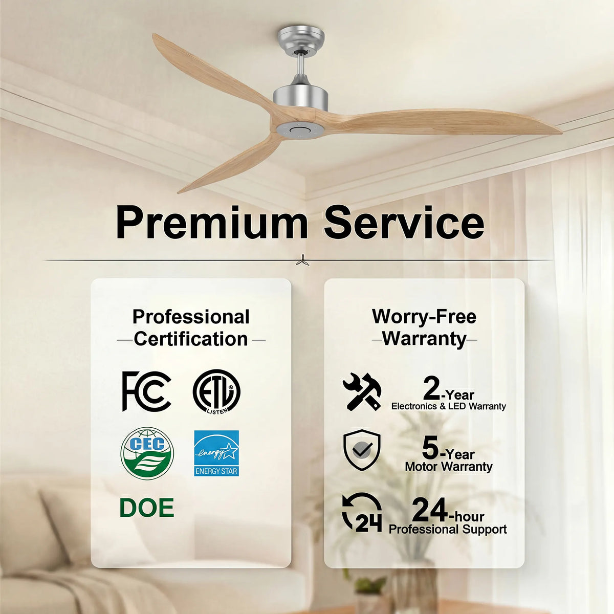 65-Inch Downrod Mount 3-Blade Ceiling Fan without Light