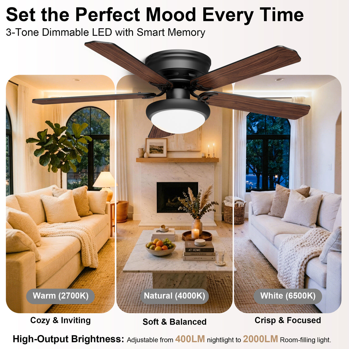 52-Inch Flush Mount 5-Blade Ceiling Fan with Light and Remote Control