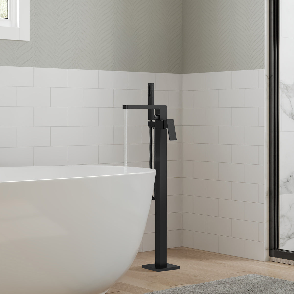 Square Floor-Mounted Bathtub Faucet with Hand Shower and Swivel Spout