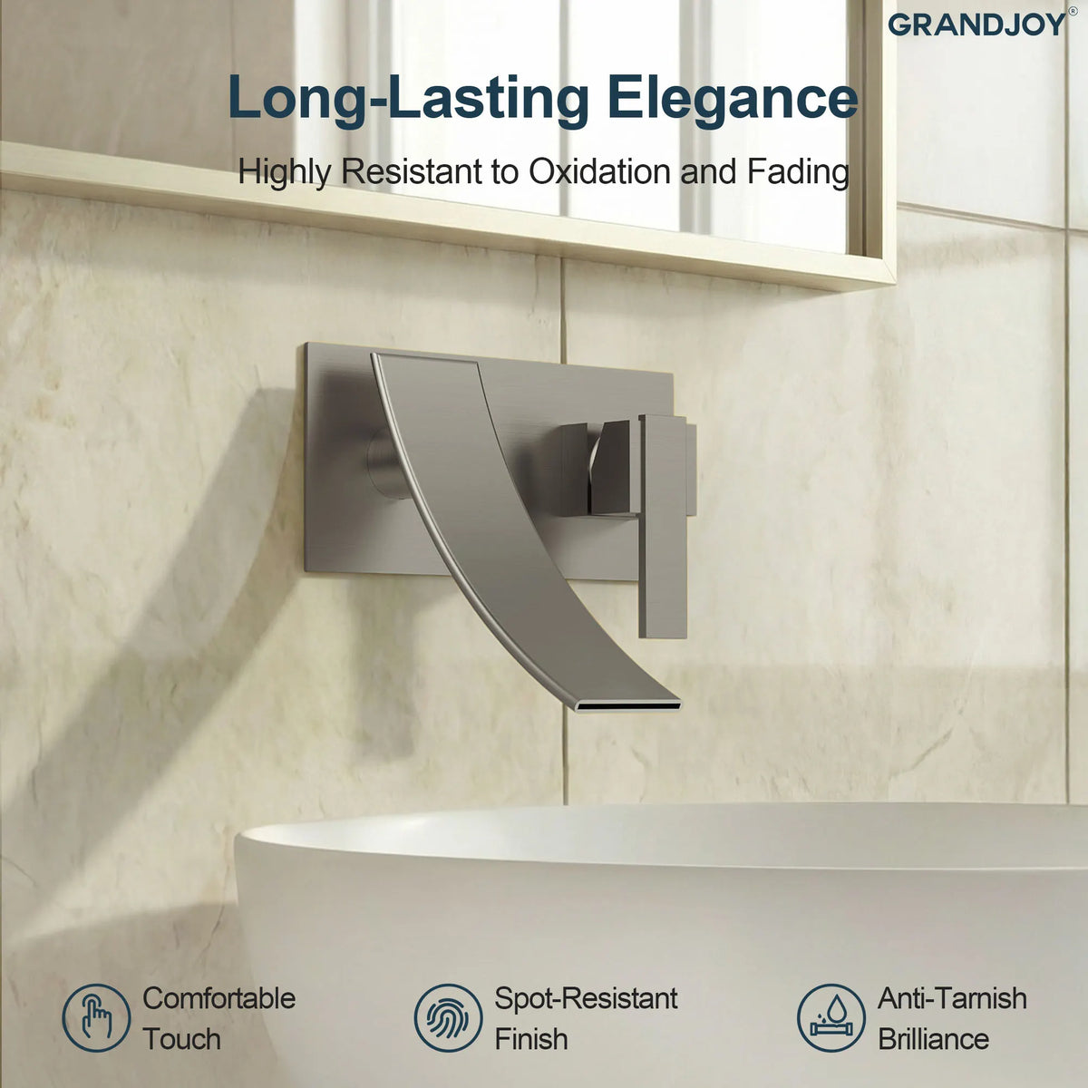 Single-Handle Wall-Mount Bathroom Sink Faucet With Waterfall Spout And Pop-Up Drain