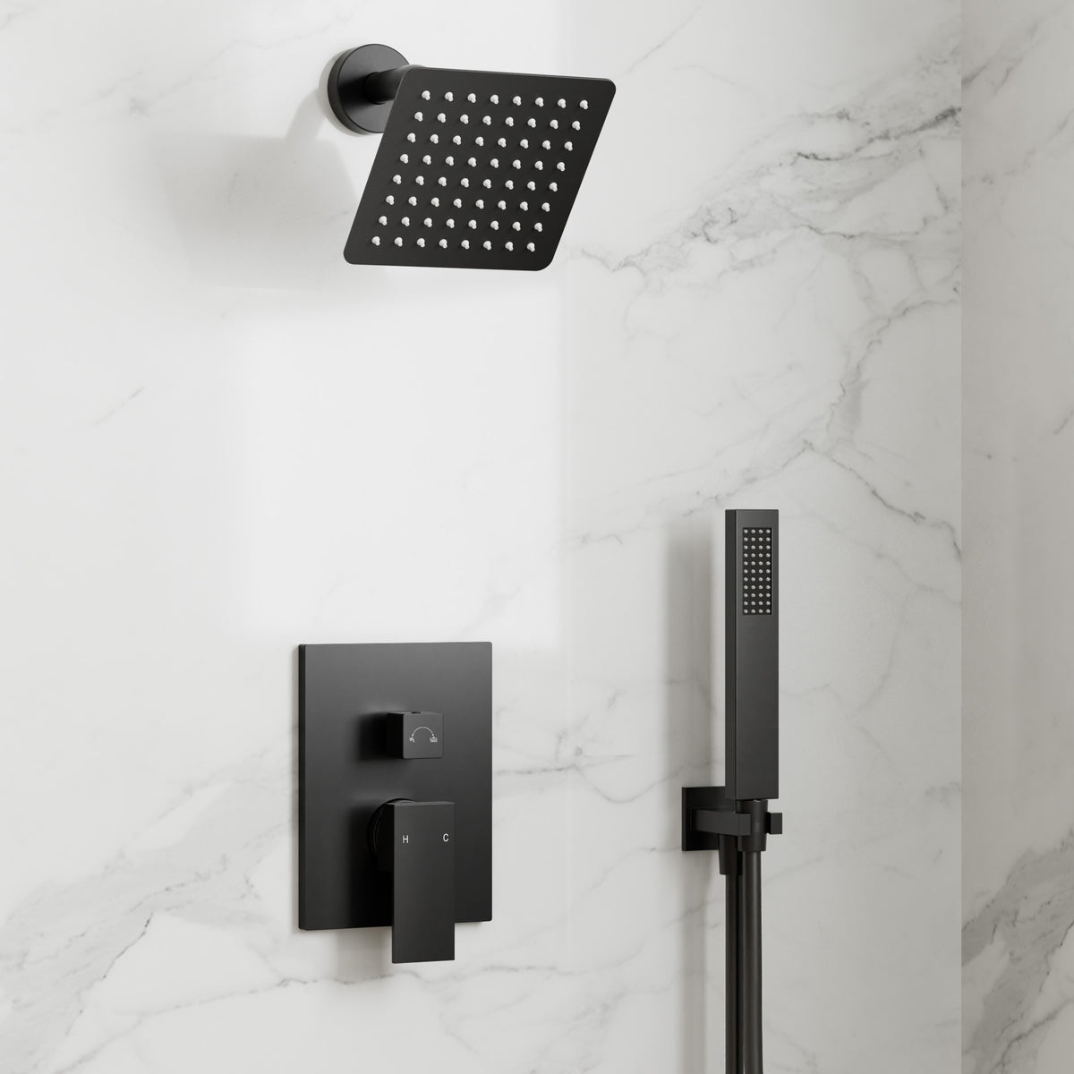 Square Wall-Mounted Shower System with Adjustable Handheld Spray