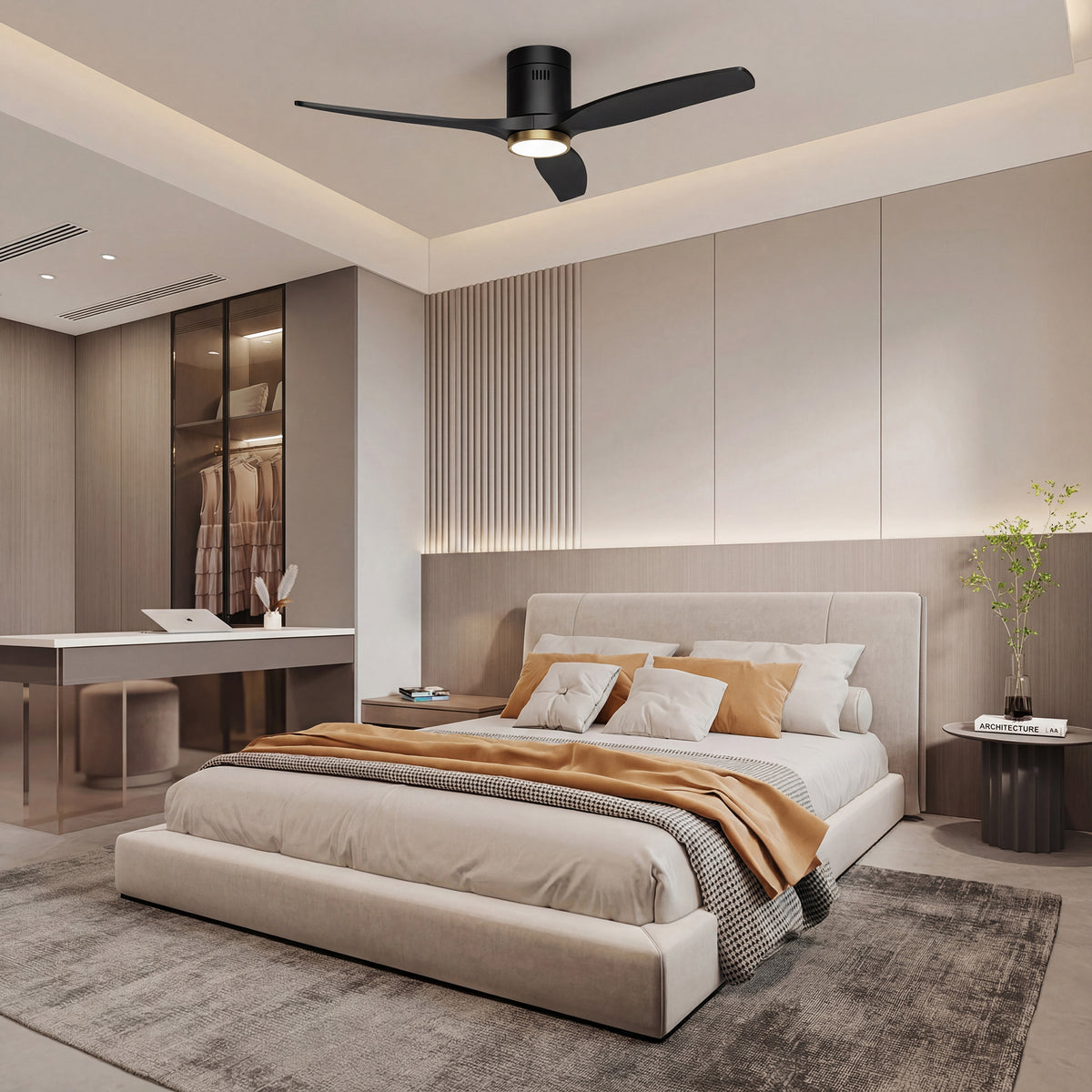 52-Inch Flush-Mount 3-Blade Ceiling Fan with Light, Wall Control and Remote