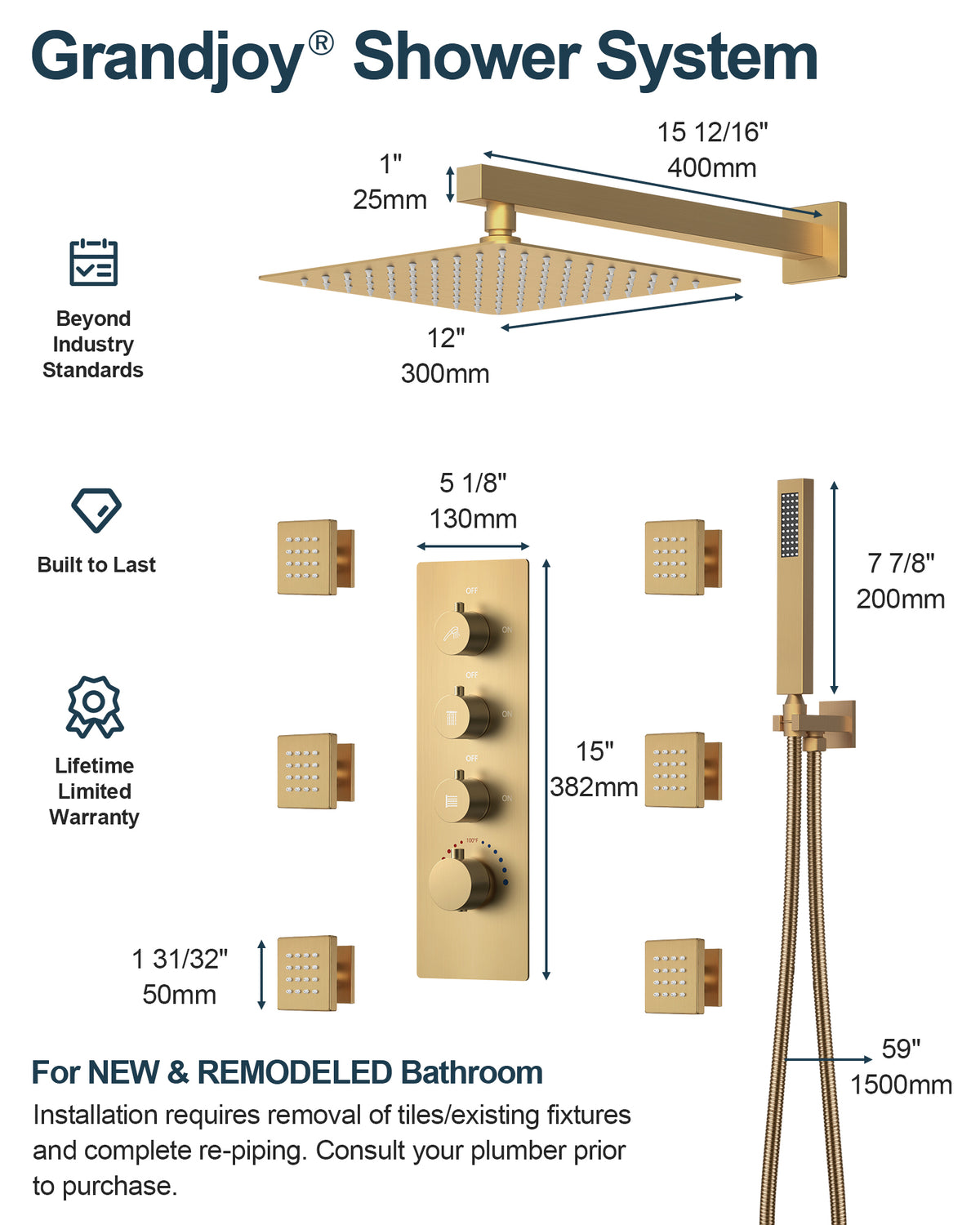 Wall-Mounted Thermostatic Rain Shower System with Body Jets and Handheld