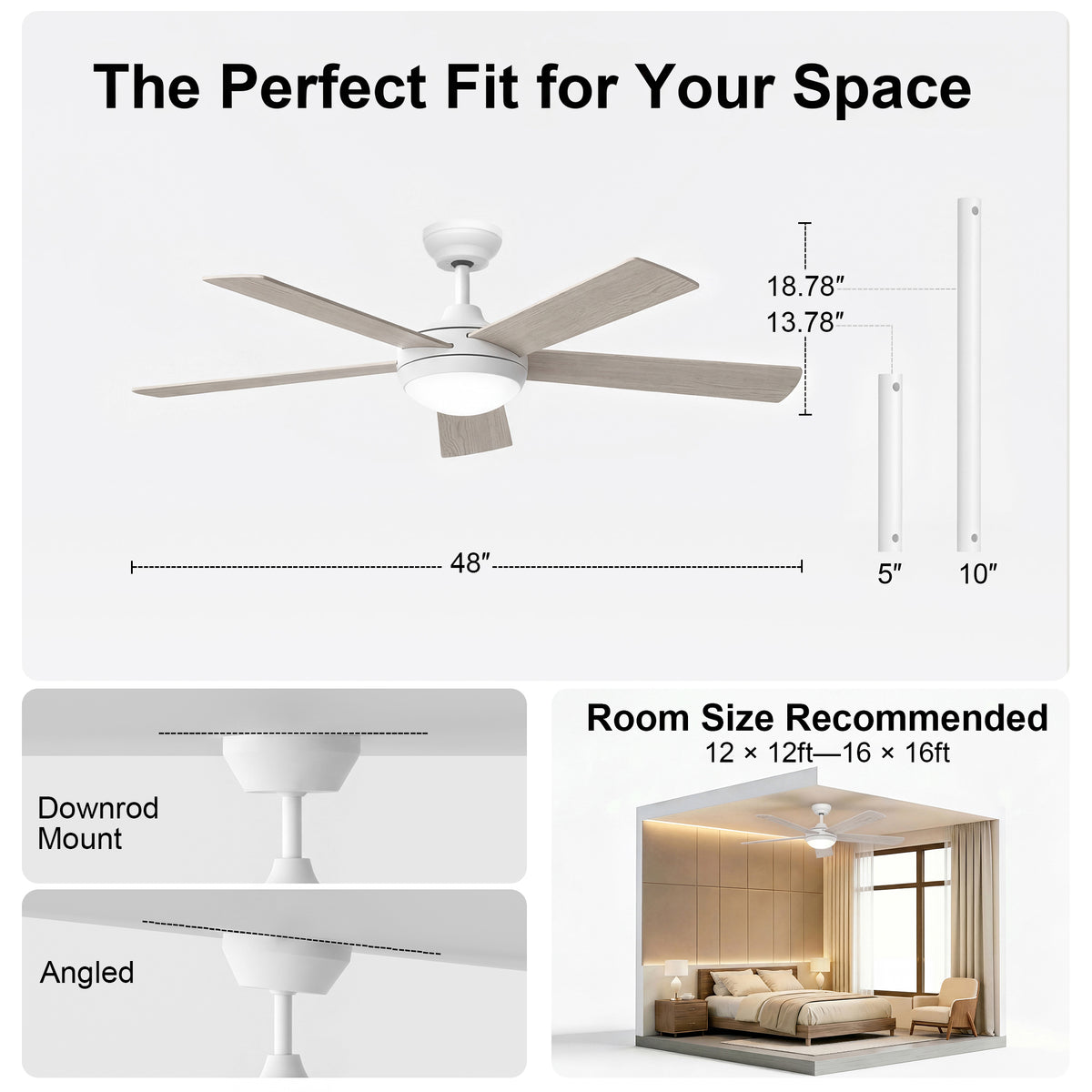 48-Inch Downrod Mount 5-Blade Ceiling Fan with Light and Smart Control