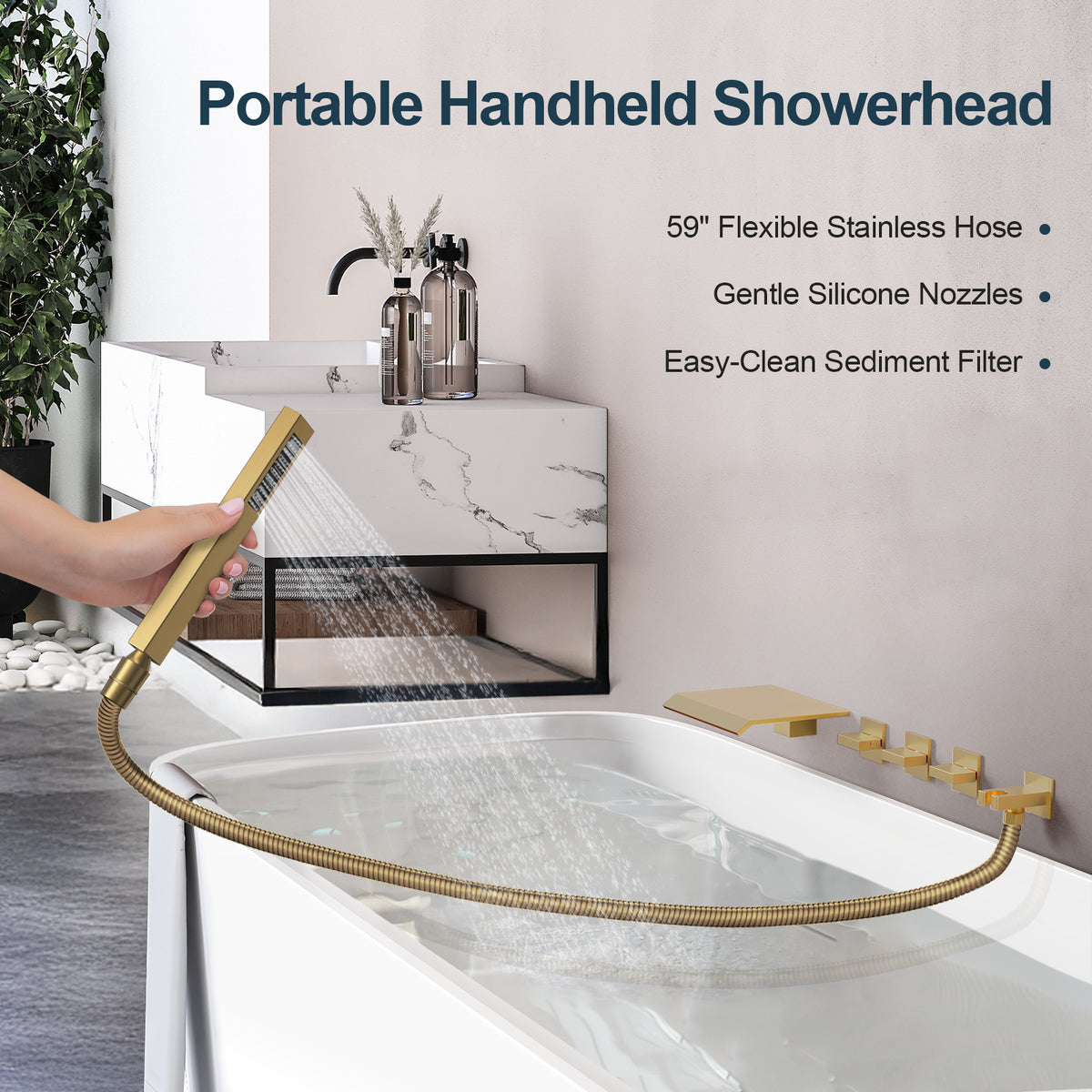 Wall-Mounted Floor-Mounted bathtub with Three Handles and Hand Shower