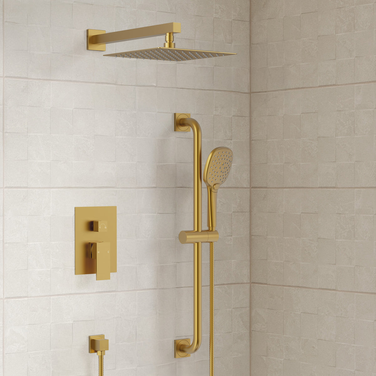 Square Wall-Mounted Shower System with Adjustable Slide Bar