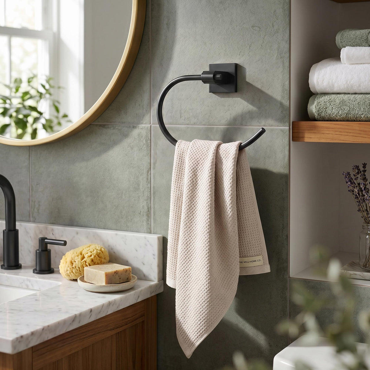 Square Wall-Mounted Swing-Arm Towel Ring with 180-Degree Pivot
