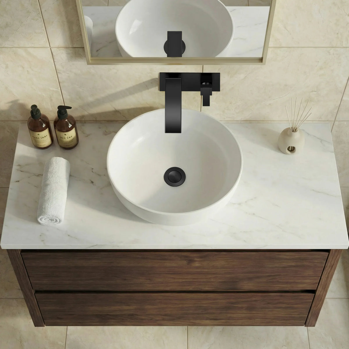 Single-Handle Wall-Mount Bathroom Sink Faucet With Waterfall Spout And Pop-Up Drain