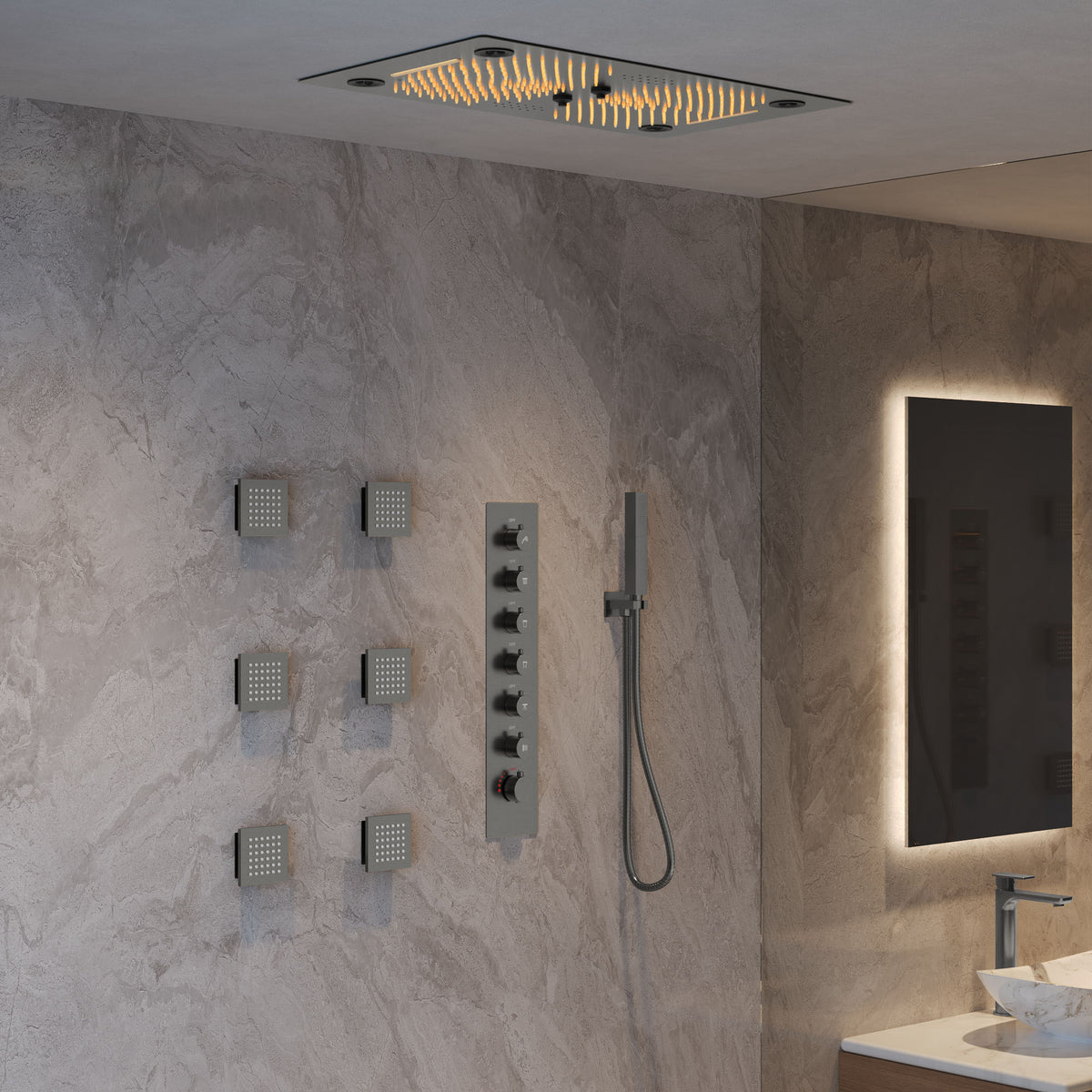 LED Music Ceiling-Mounted Thermostatic Shower System with Body Jets