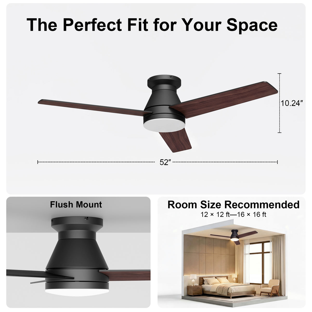 52-Inch Flush Mount 3-Blade Ceiling Fan with Light and Remote Control