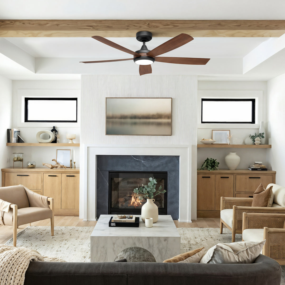 52-Inch Flush Mount 5-Blade Ceiling Fan with Light and Smart Control