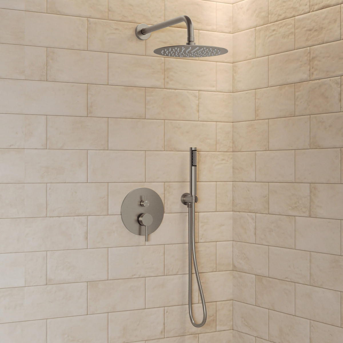 Round Wall-Mounted Shower System with Rainfall Head and Handheld