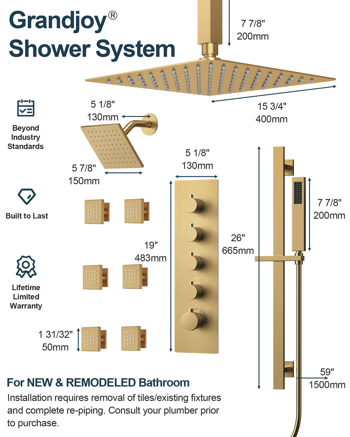 Ceiling-Mounted Thermostatic Dual Rainfall Shower System with Handheld