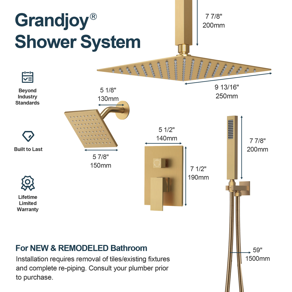 Square Ceiling-Mounted Dual Shower System with Handheld Spray