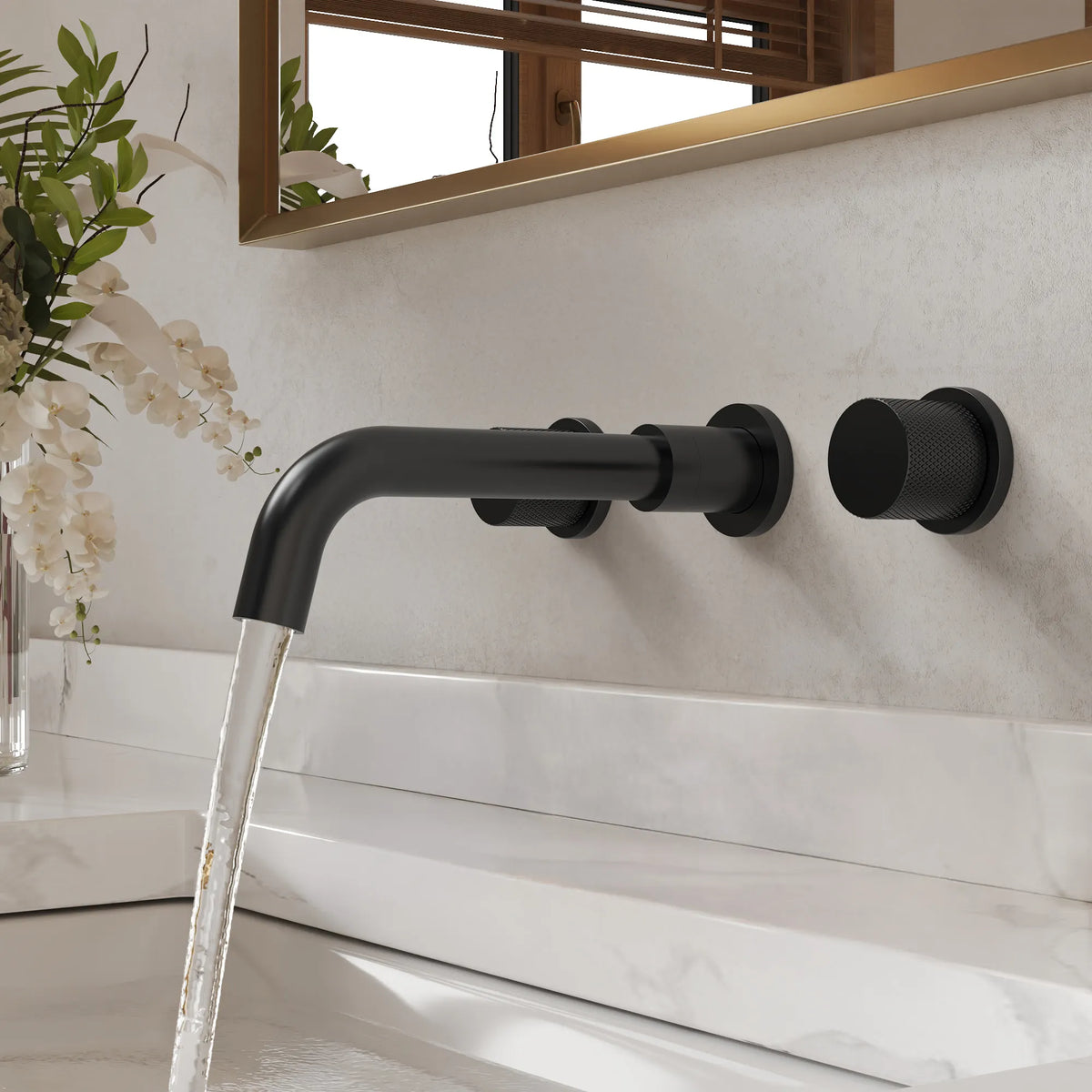 Two-Handle Wall-Mount Bathroom Sink Faucet With Pop-Up Drain