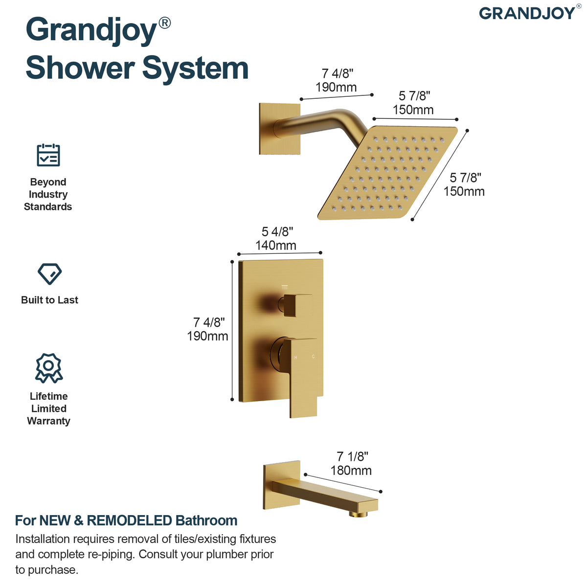Square Wall-Mounted Shower System with Pressure-Balanced Tub Spout