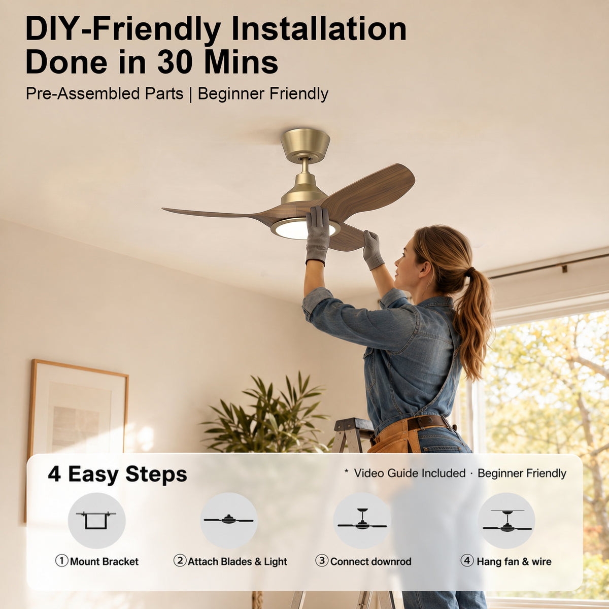 36-Inch Downrod Mount 3-Blade Ceiling Fan with Light and Remote Control