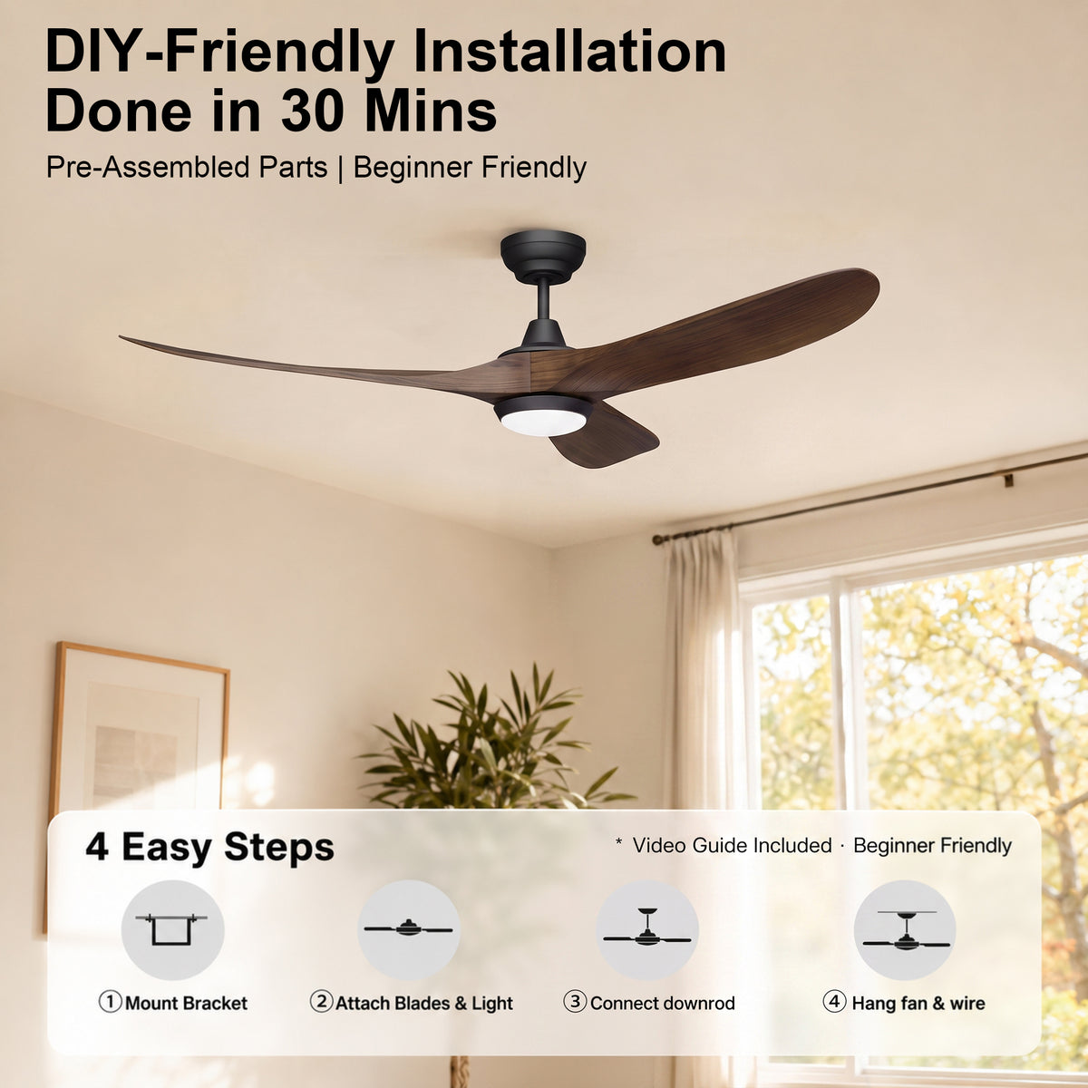60-Inch Downrod Mount 3-Blade Ceiling Fan with Light and Remote Control