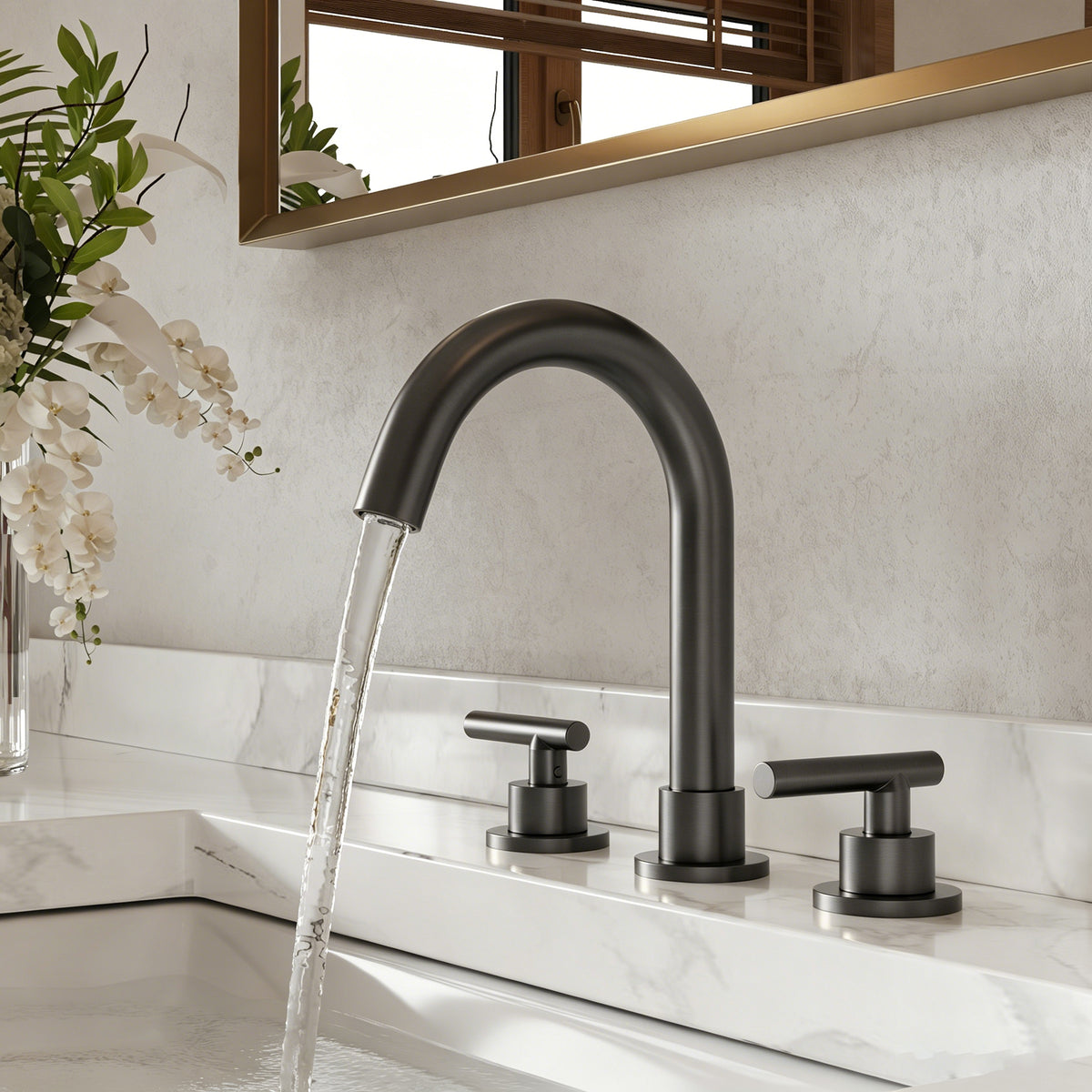 Two-Handle Mid Arc Widespread Bathroom Sink Faucet With Pop-Up Drain