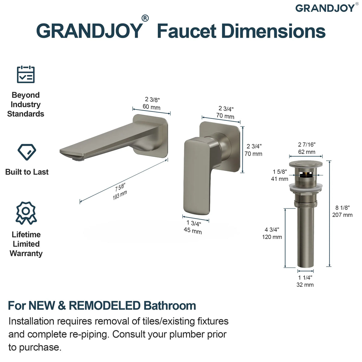Single-Handle Wall-Mount Bathroom Sink Faucet With Pop-Up Drain