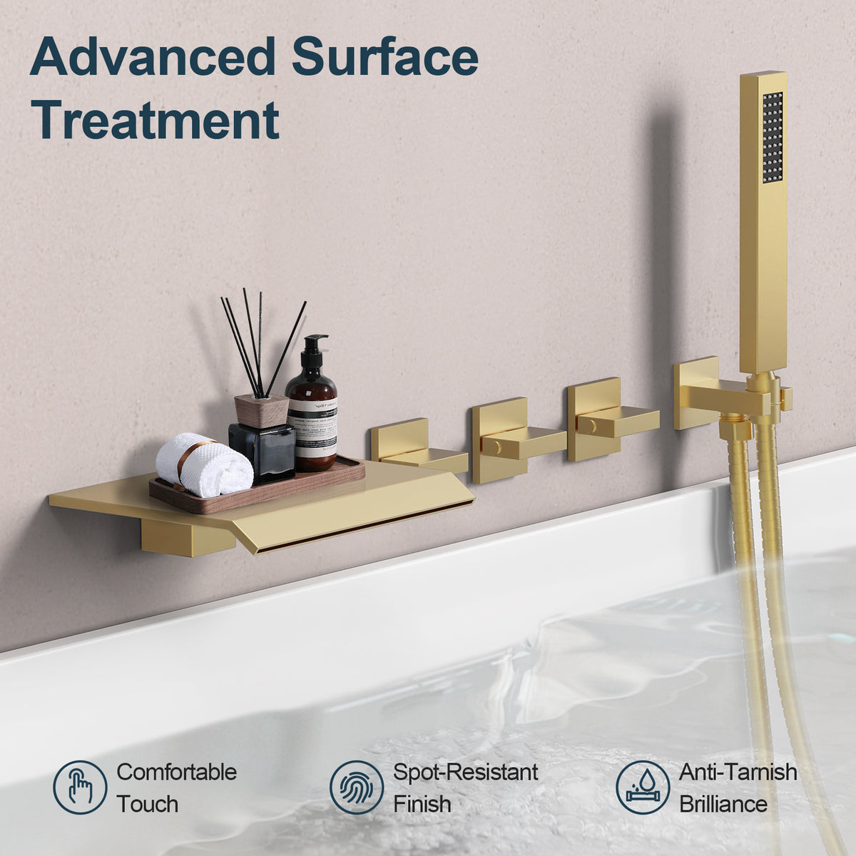 Wall-Mounted Floor-Mounted bathtub with Three Handles and Hand Shower