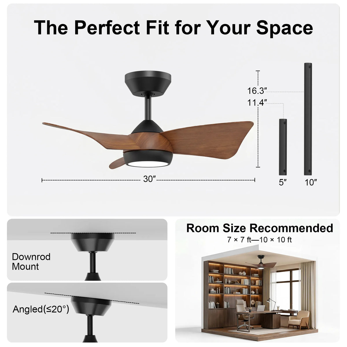30-Inch Downrod Mount 3-Blade Ceiling Fan with Light and Remote Control