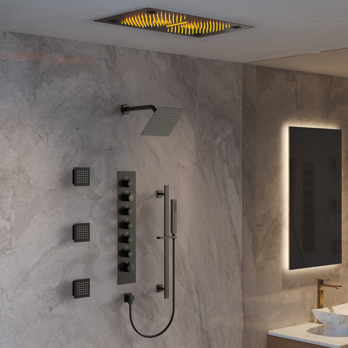 LED Bluetooth Dual-Head Ceiling-Mounted Shower System with Body Jets