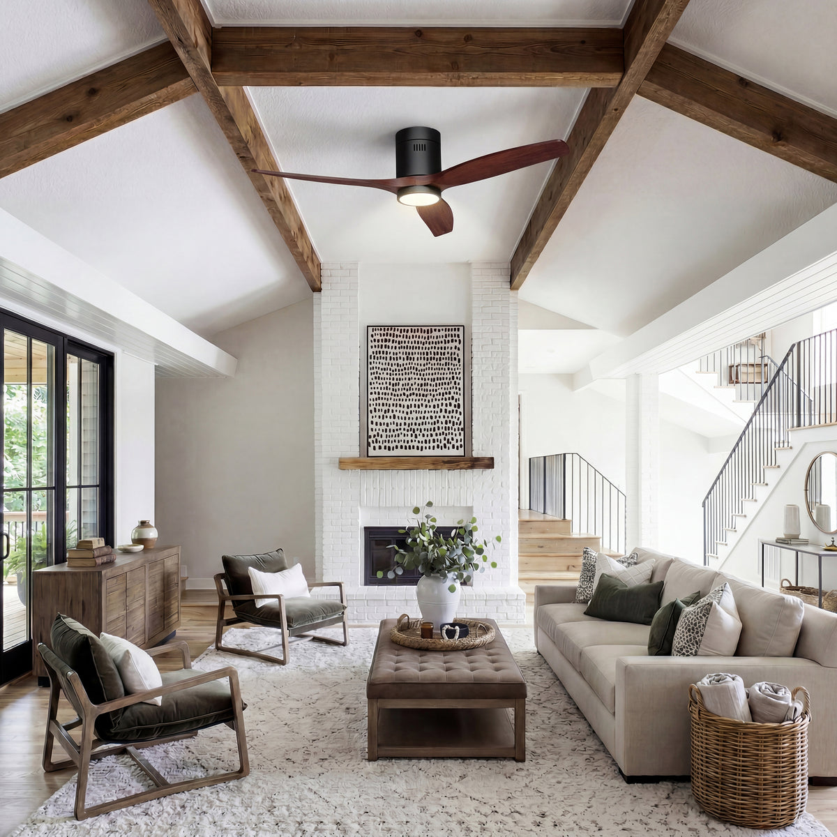 52-Inch Flush-Mount 3-Blade Ceiling Fan with Light, Wall Control and Remote