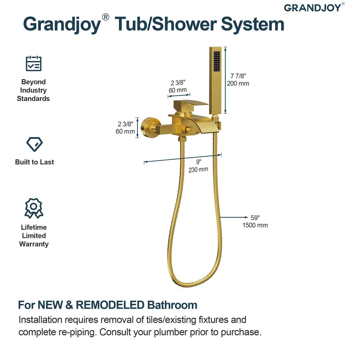 Wall-Mounted Waterfall Bathtub Faucet with Hand Shower and Single Handle