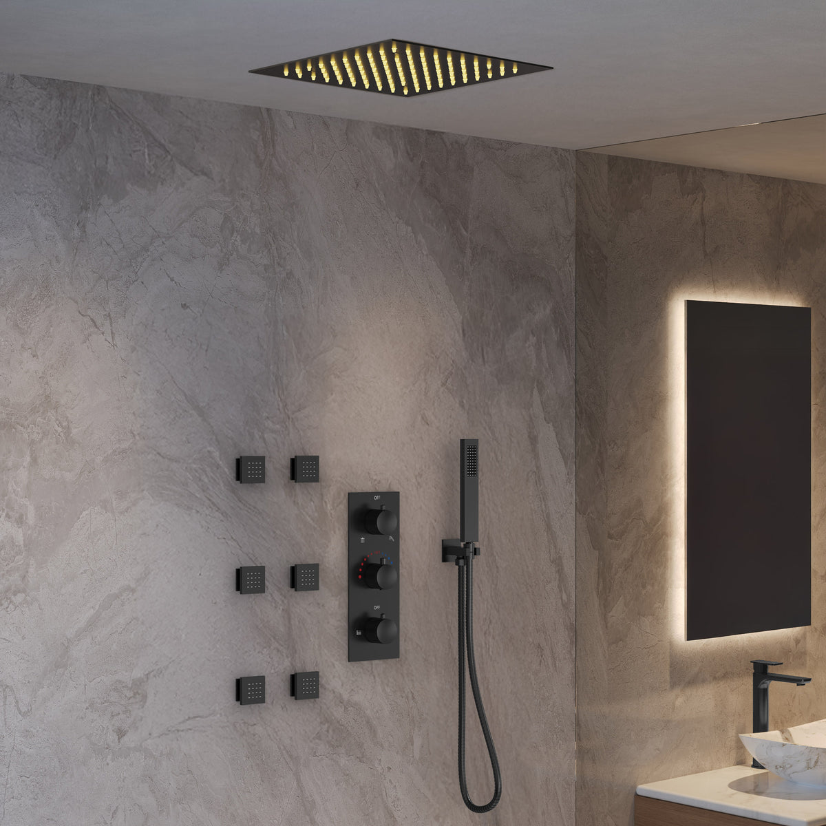 LED Ceiling-Mounted Thermostatic Shower System with Body Jets and Handheld