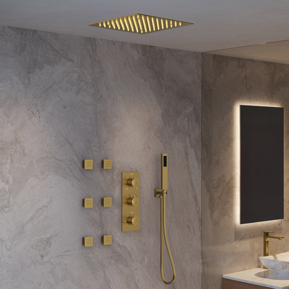 LED Ceiling-Mounted Thermostatic Shower System with Body Jets and Handheld