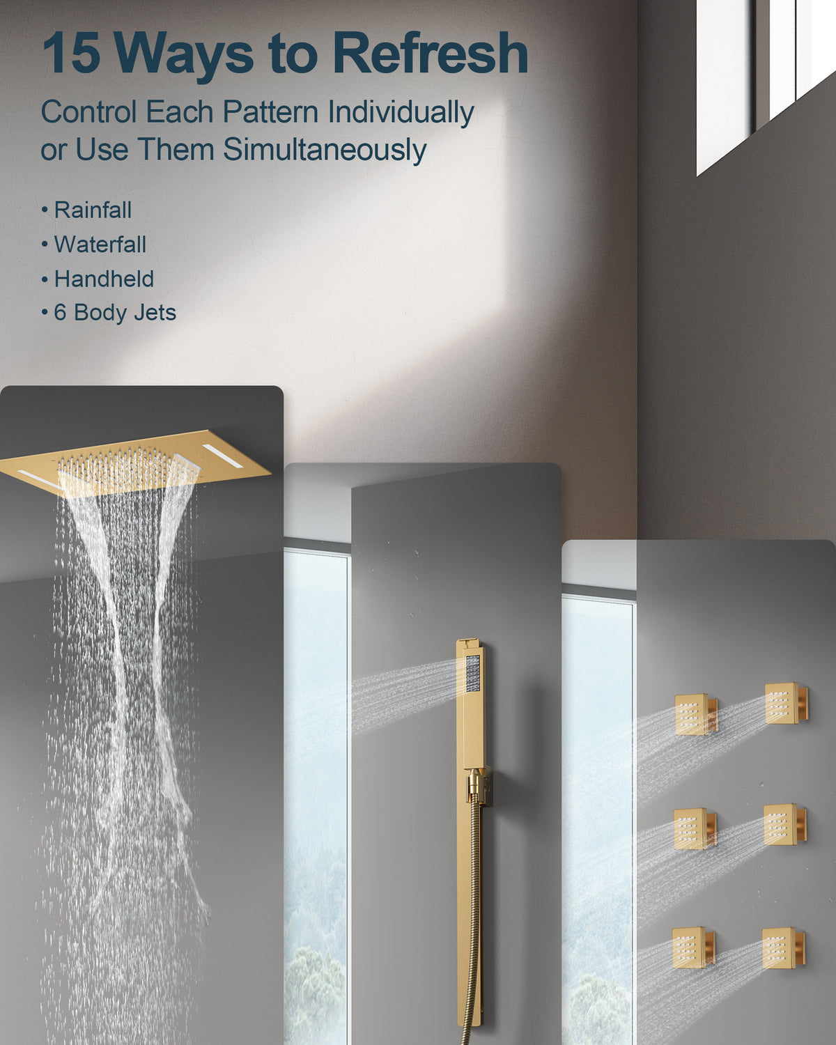 LED Ceiling-Mounted Thermostatic Shower System with Waterfall and Body Jets