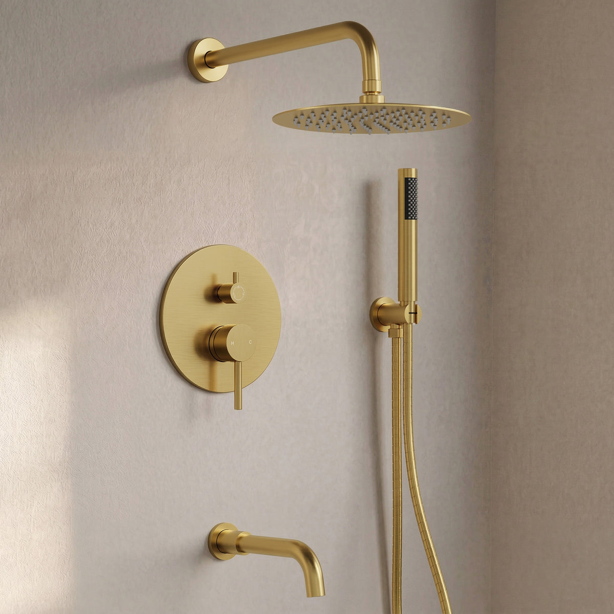 Round Wall-Mounted Rain Shower System with Handheld and Tub Spout