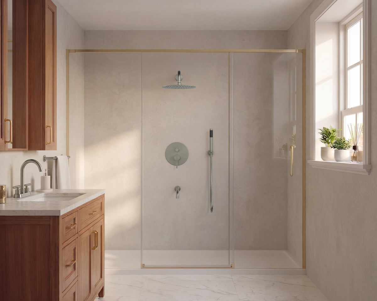 Round Wall-Mounted Rain Shower System with Handheld and Tub Spout