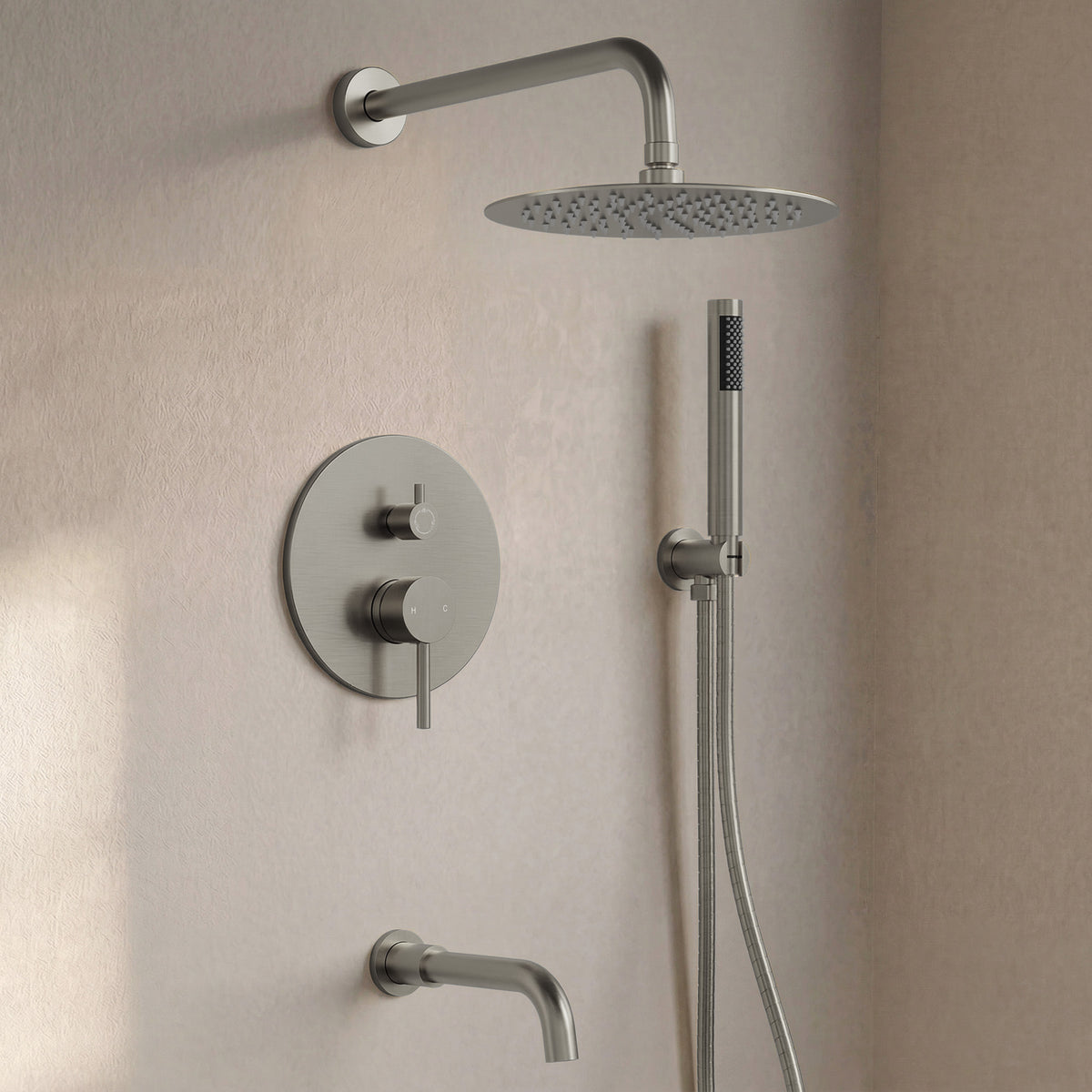 Round Wall-Mounted Rain Shower System with Handheld and Tub Spout