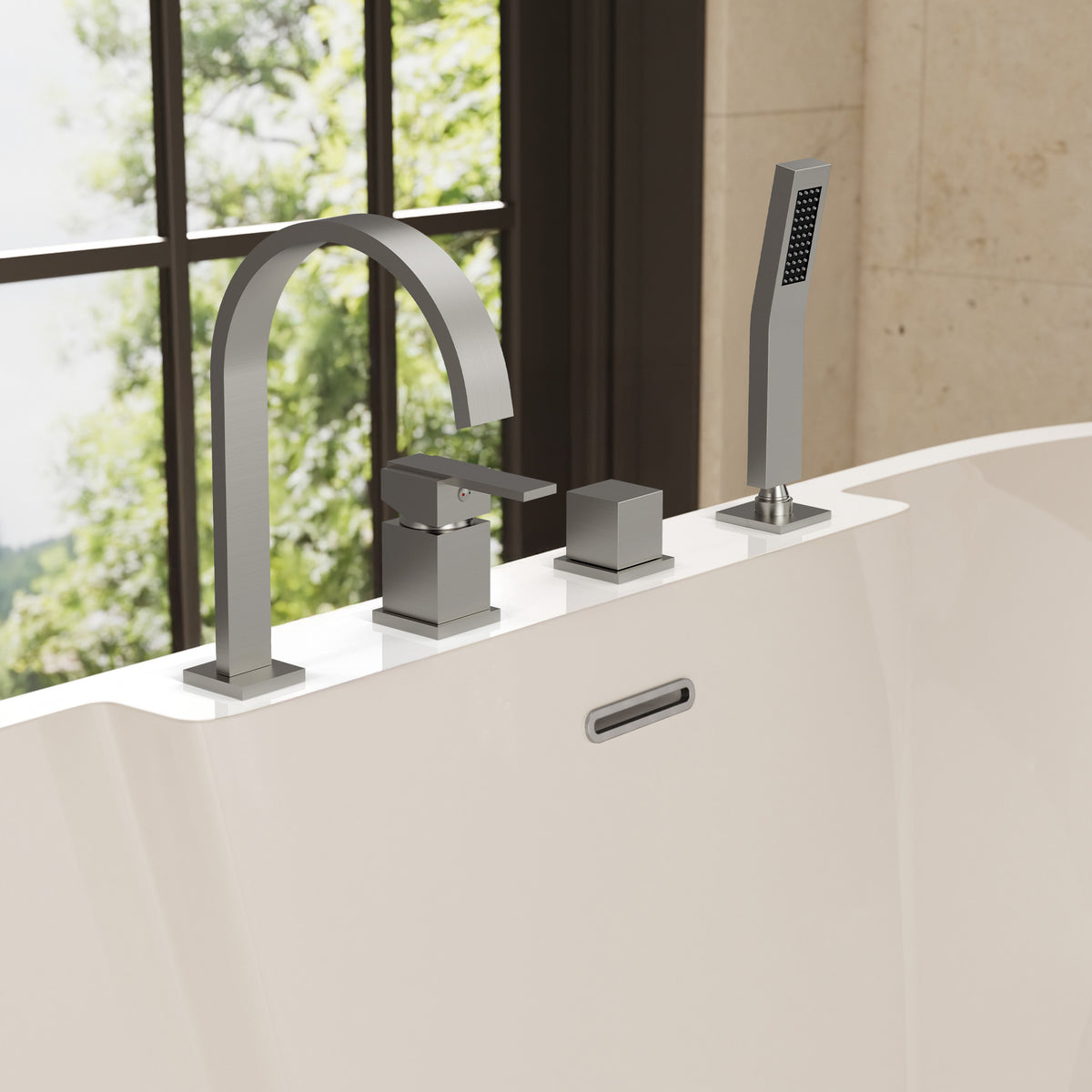 Deck-Mounted Waterfall Bathtub Faucet with Dual Handles and Hand Shower