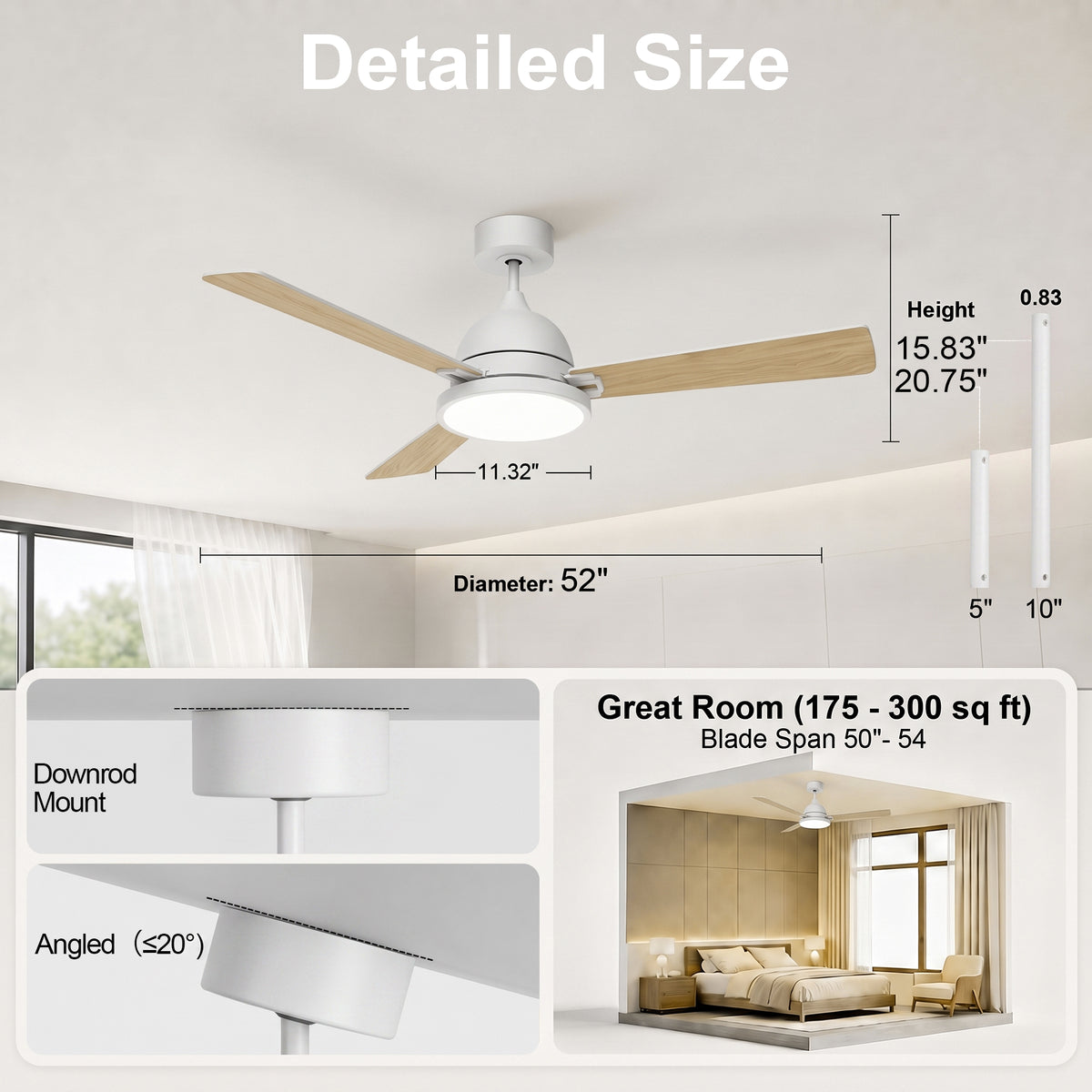 52-Inch Downrod Mount 3-Blade Ceiling Fan with Light and Remote Control