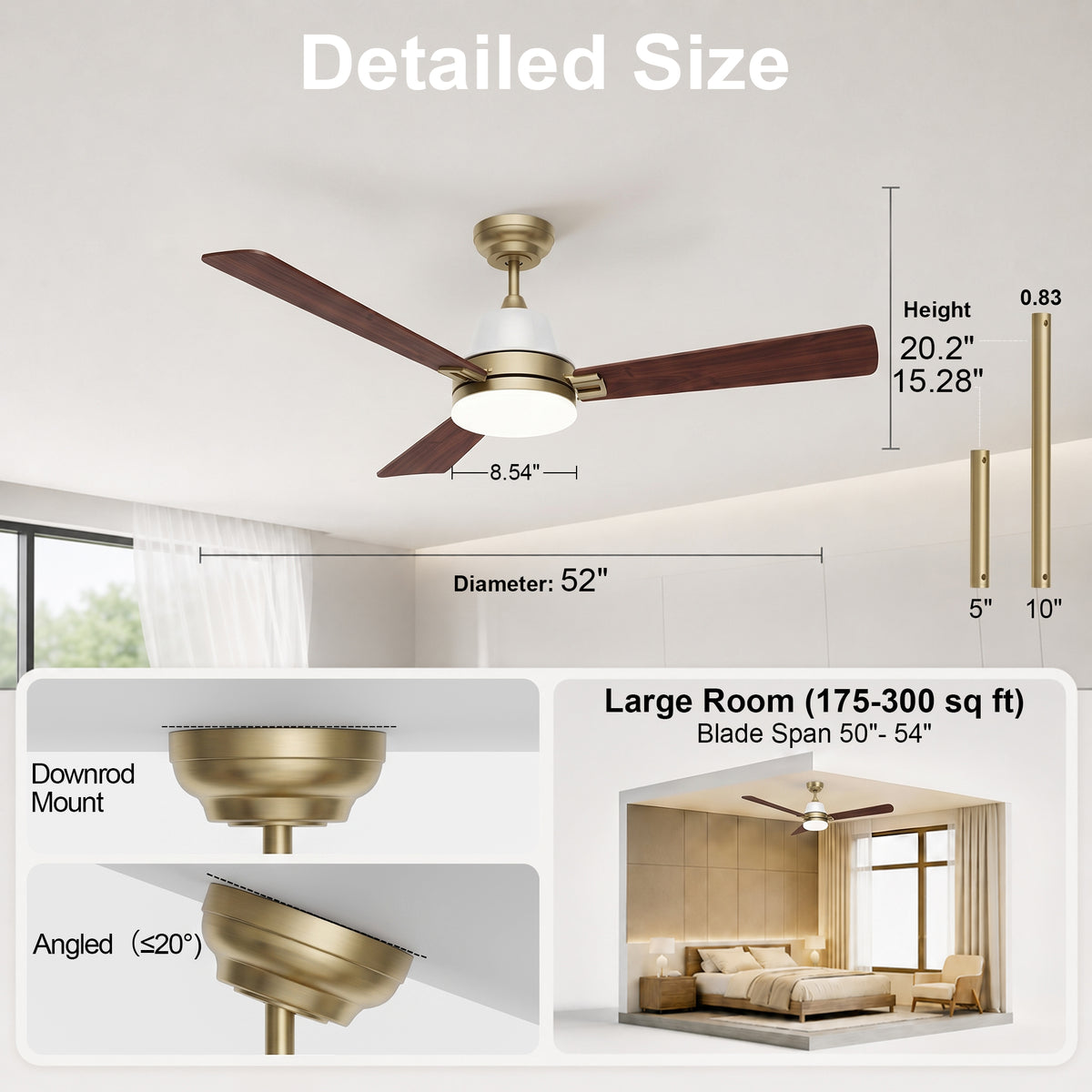 52-Inch Downrod Mount 3-Blade Ceiling Fan with Light and Remote Control
