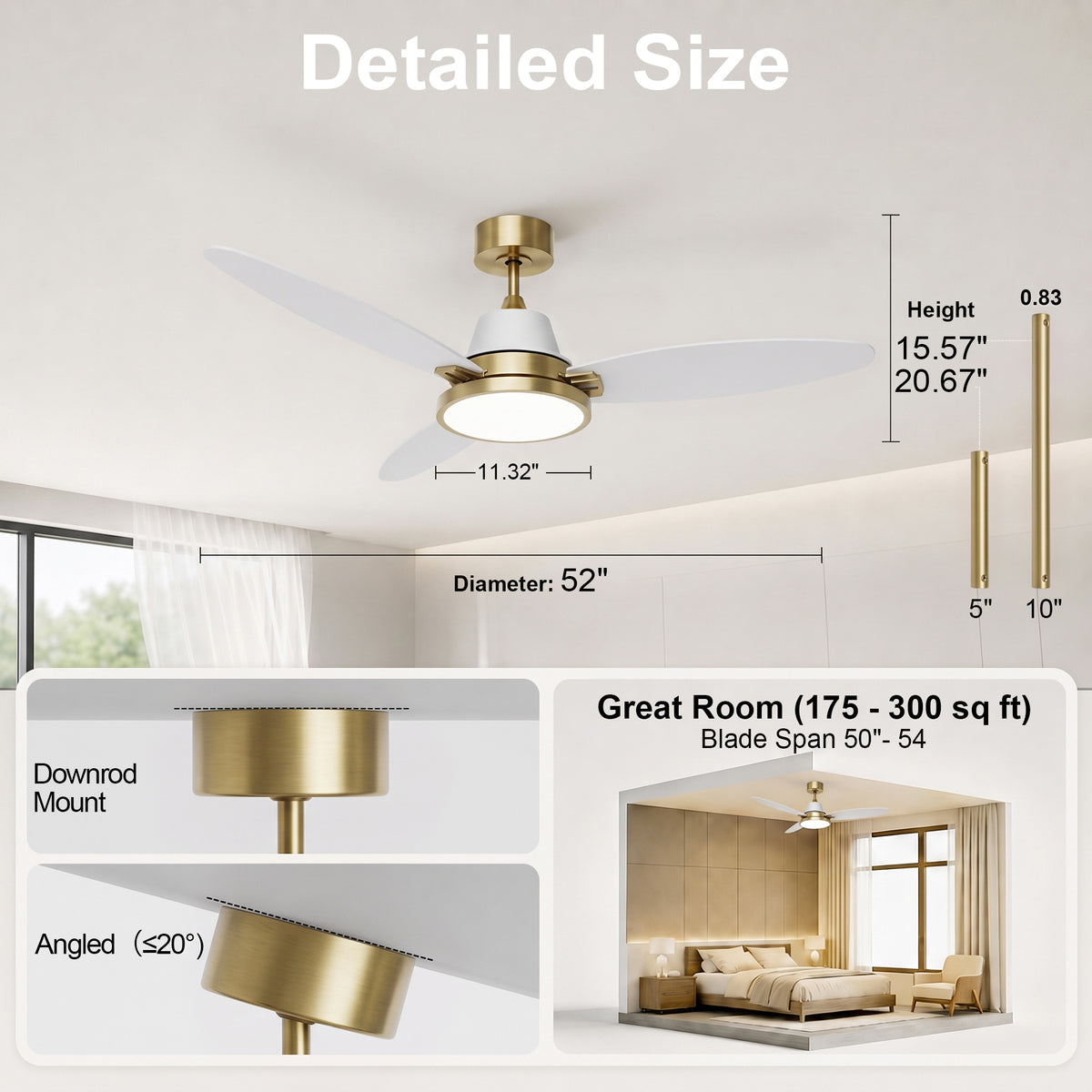 52-Inch Downrod Mount 3-Blade Ceiling Fan with Light and Remote Control