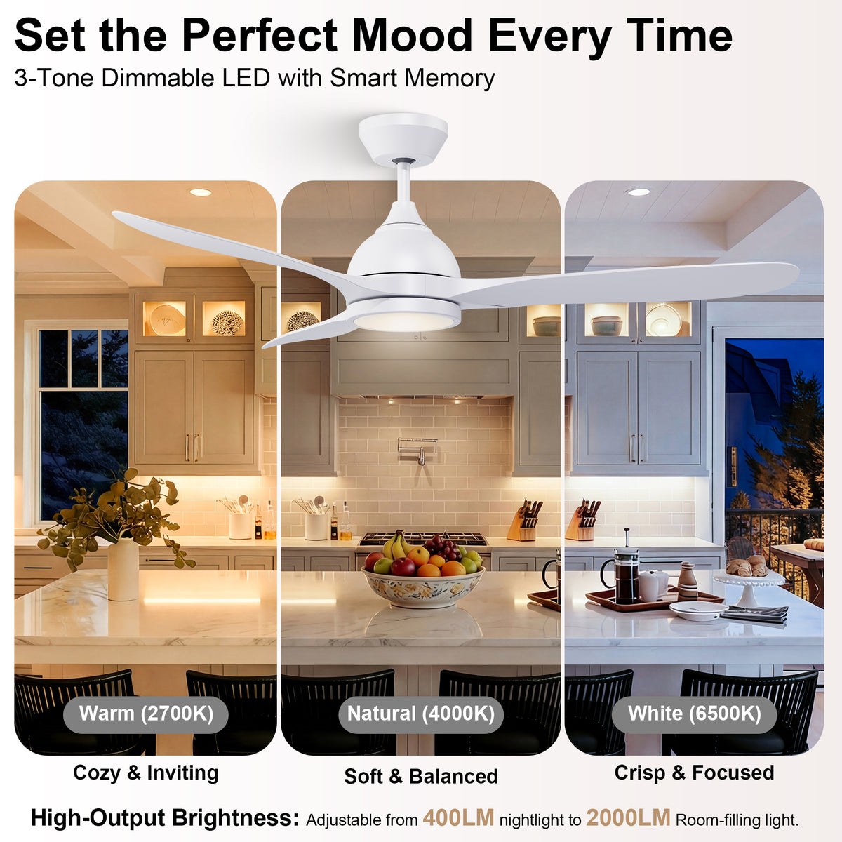 52-Inch Downrod Mount 3-Blade Ceiling Fan with Light and Remote Control
