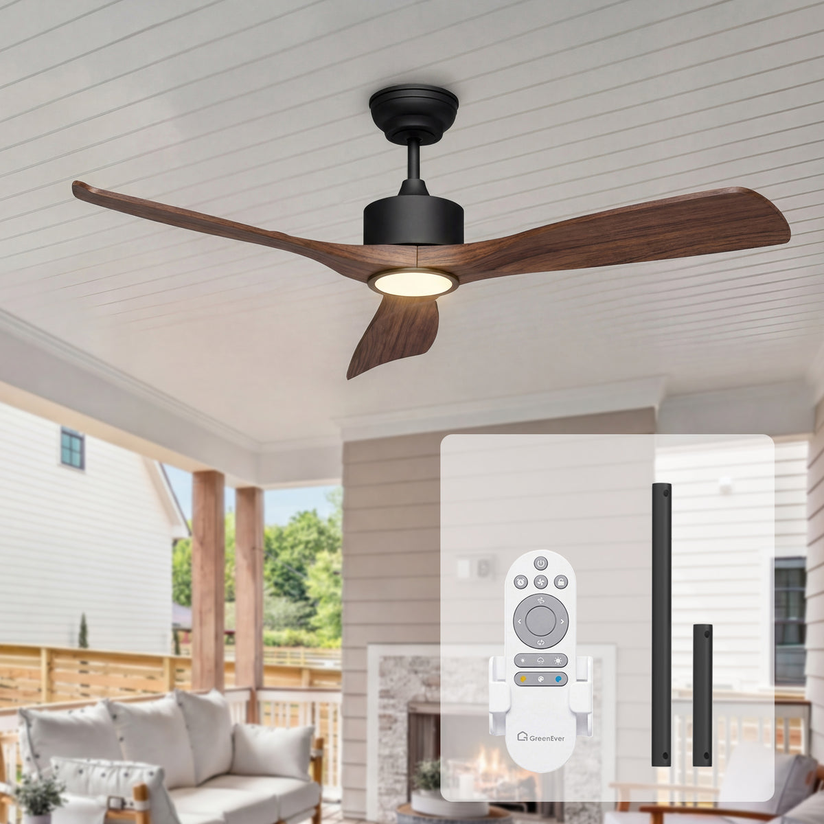 52-Inch Downrod Mount 3-Blade Ceiling Fan with Light and Remote Control