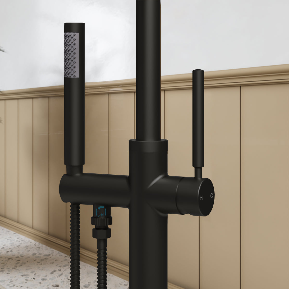 Floor-Mounted Bathtub Faucet with Swivel Spout and Hand Shower