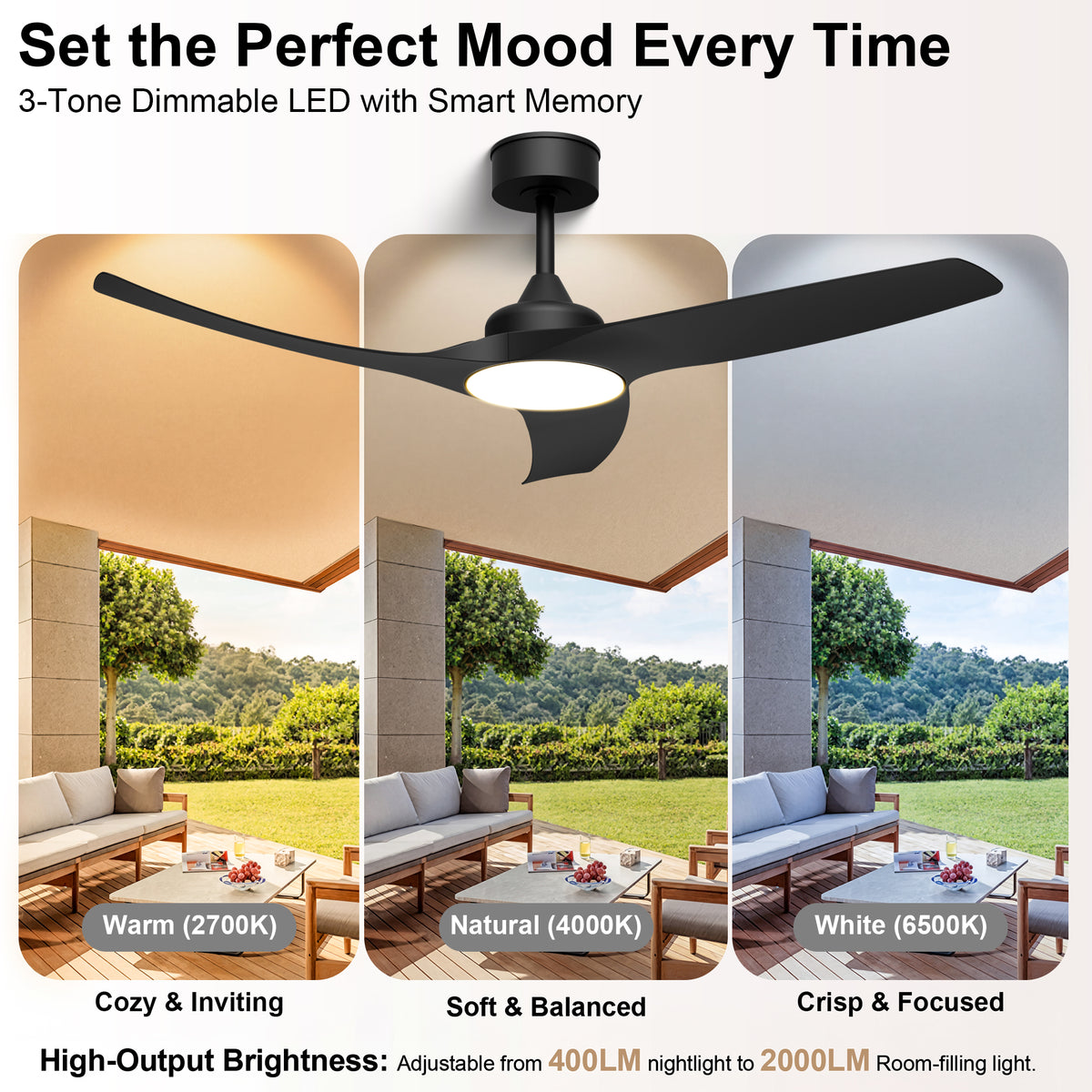 52-Inch Downrod Mount 3-Blade Indoor Outdoor Ceiling Fan with Light and Remote