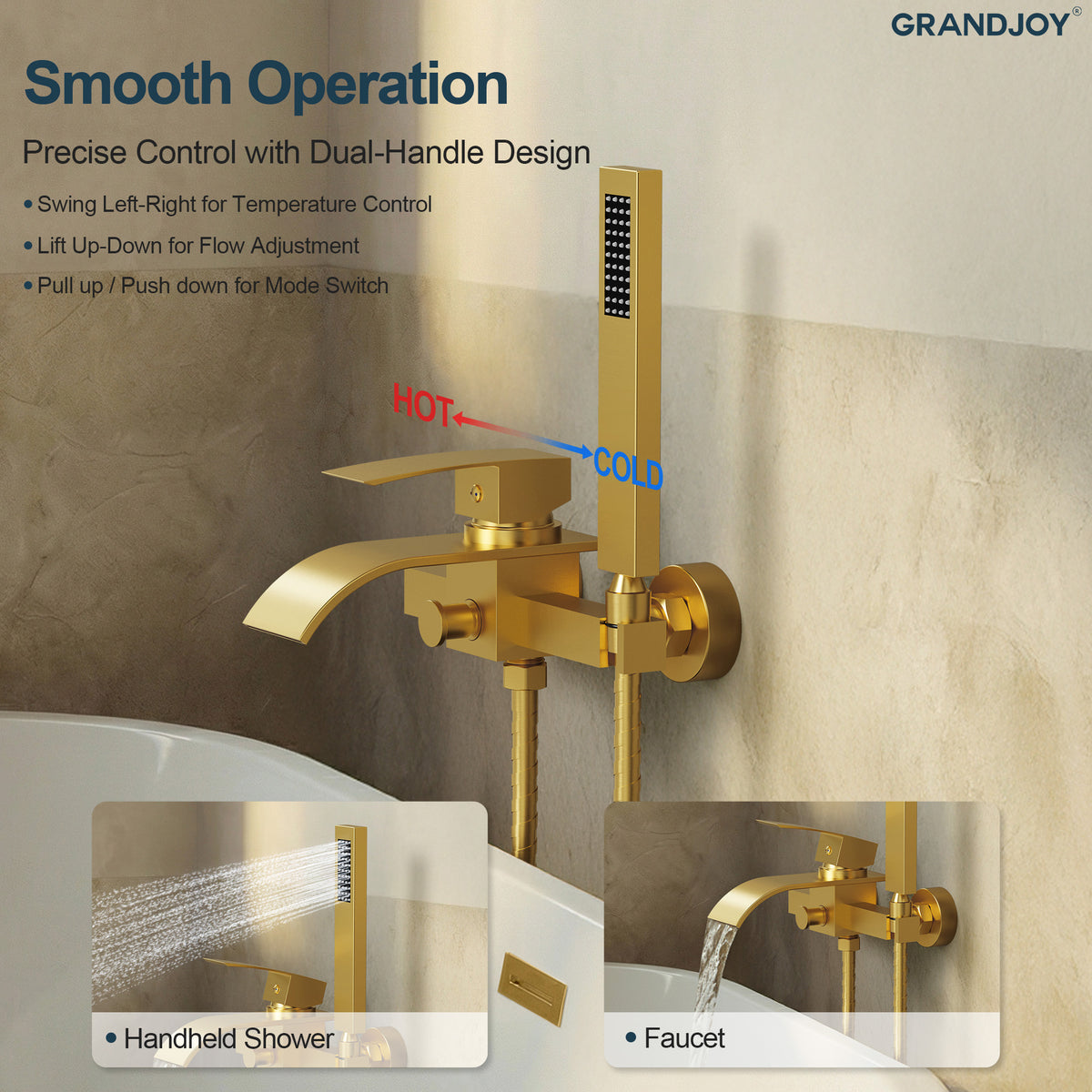 Wall-Mounted Waterfall Bathtub Faucet with Hand Shower and Single Handle