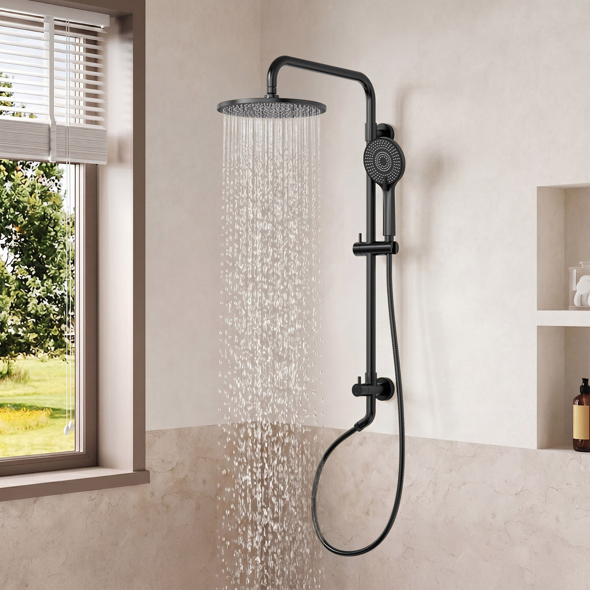 Exposed Dual-Function Rain Shower System with Adjustable Handheld