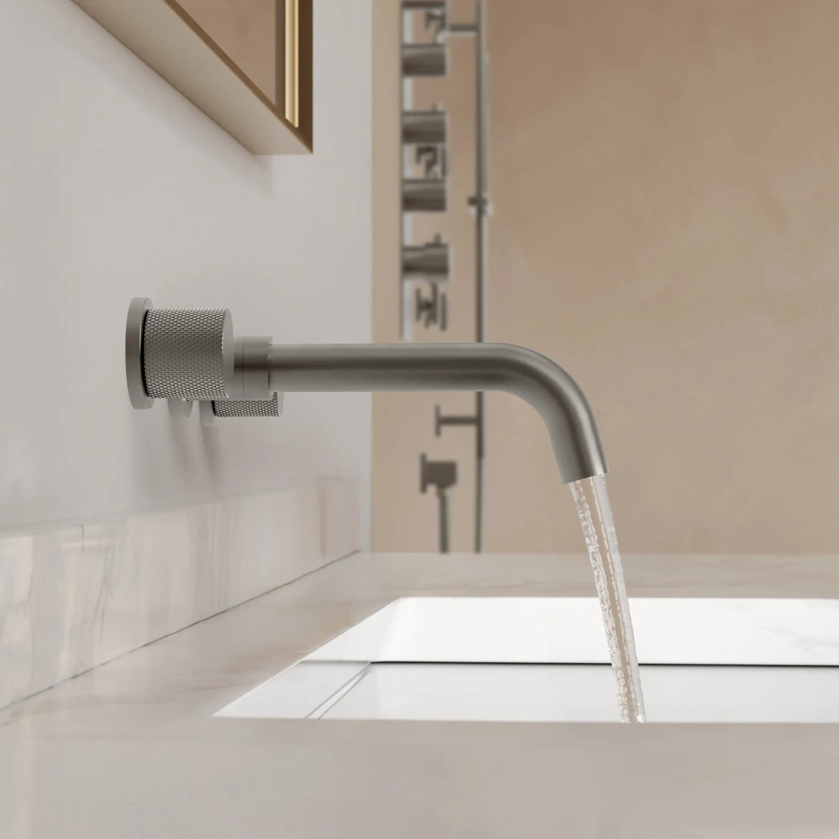 Two-Handle Wall-Mount Bathroom Sink Faucet With Pop-Up Drain