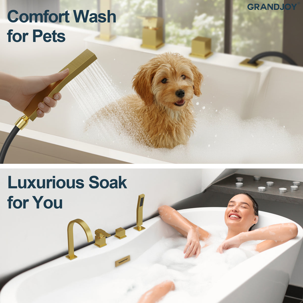 Deck-Mounted Waterfall Bathtub Faucet with Dual Handles and Hand Shower