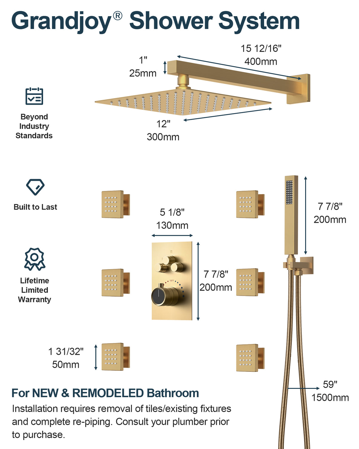 12-Inch Wall-Mounted Three-Function Thermostatic Shower System