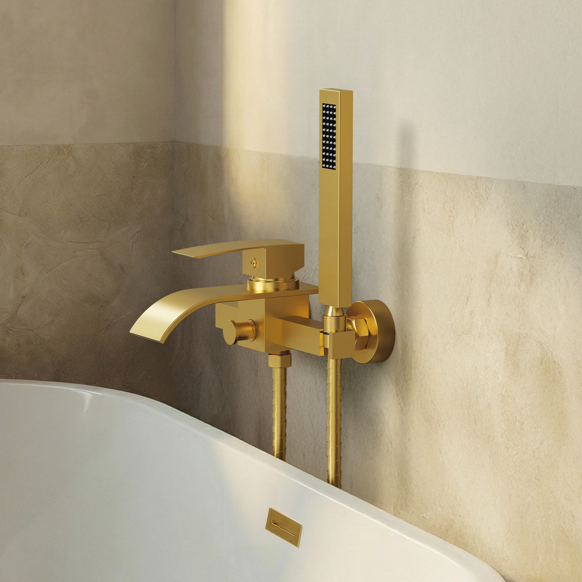 Wall-Mounted Waterfall Bathtub Faucet with Hand Shower and Single Handle
