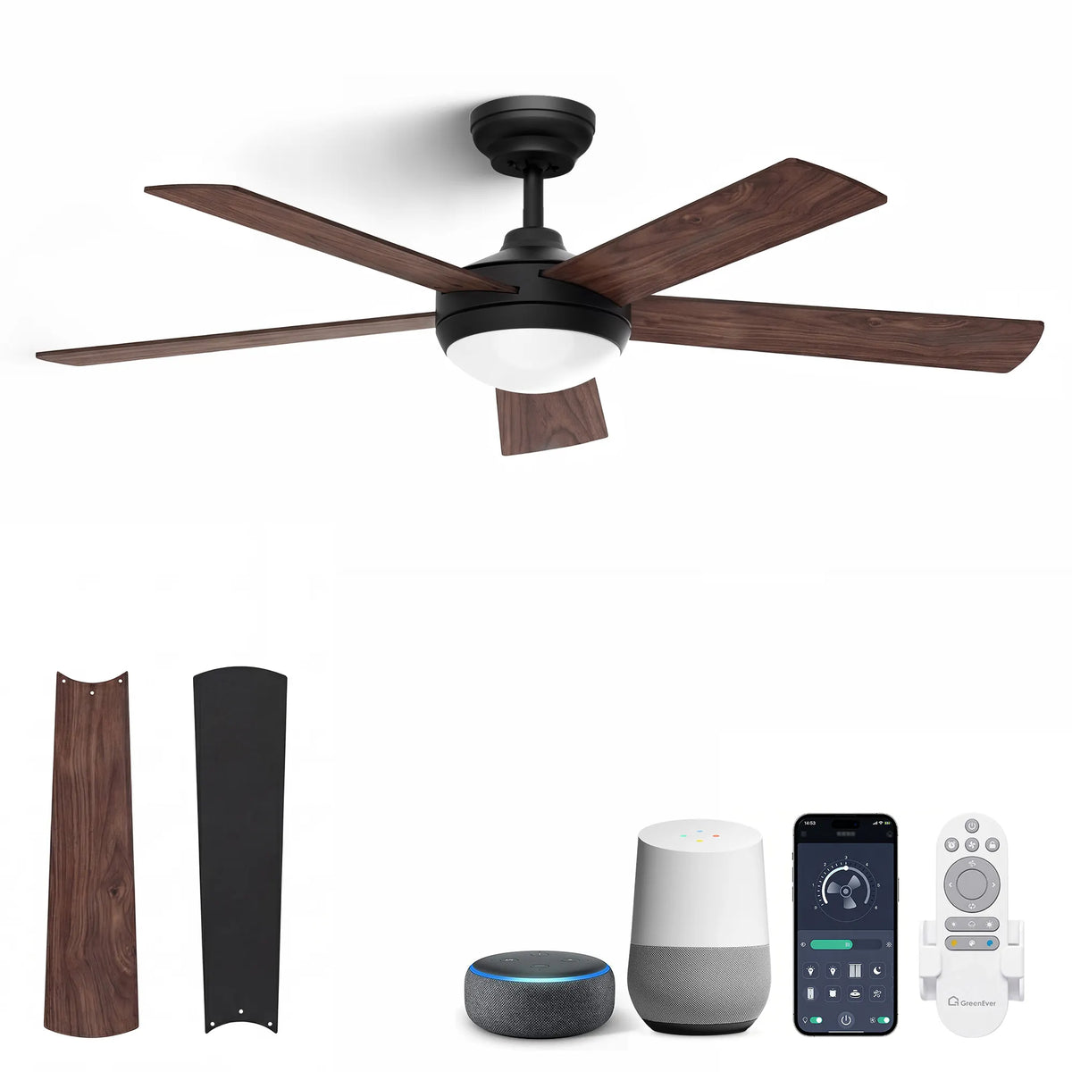 48-Inch Downrod Mount 5-Blade Ceiling Fan with Light and Smart Control
